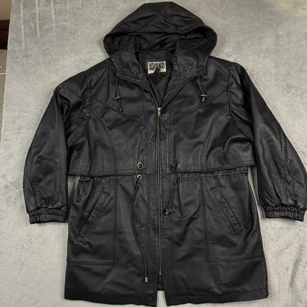 Fashion Elements Womens Black Leather Hooded Parka Jacket Large Cinched Waist L